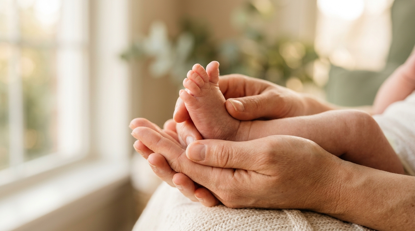 Newborn baby feet cradled in mother's hands